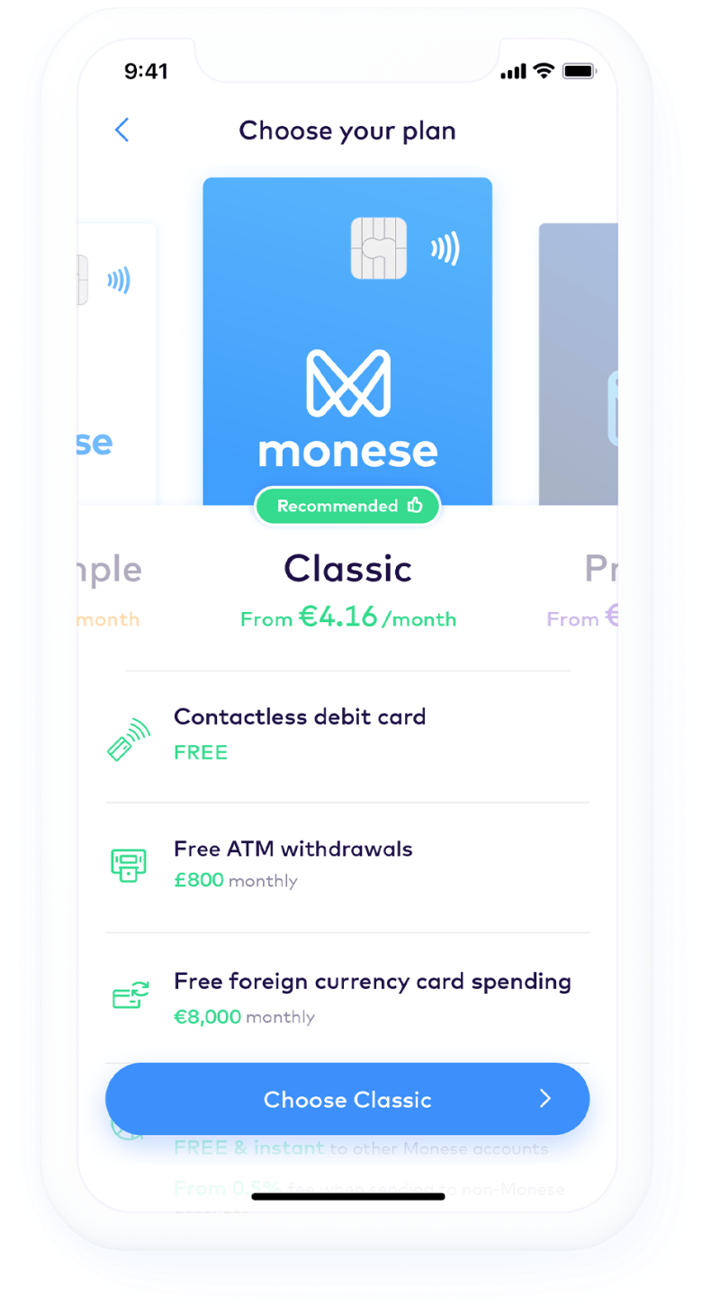 Monese pricing plans selection