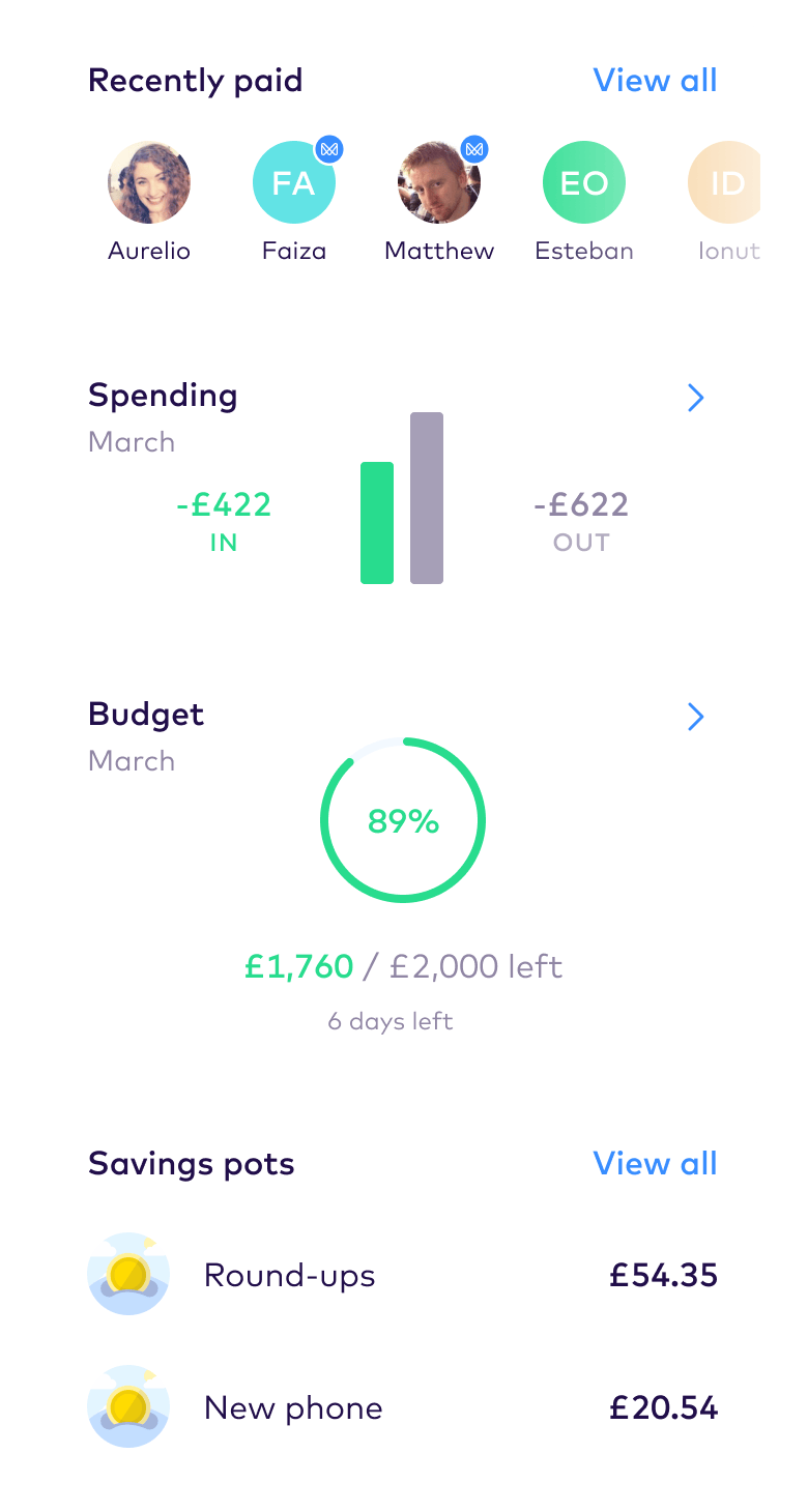 Monese homescreen with insight widgets